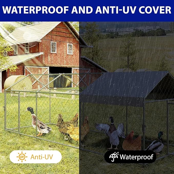 Large Metal Chicken Coop Run with Cover, 120"×40"×40" Portable Poultry Cage Walk in Hen House for Outdoor Chicken Rabbit Duck,Backyard Farm Animal Enclosure Crate Sliver