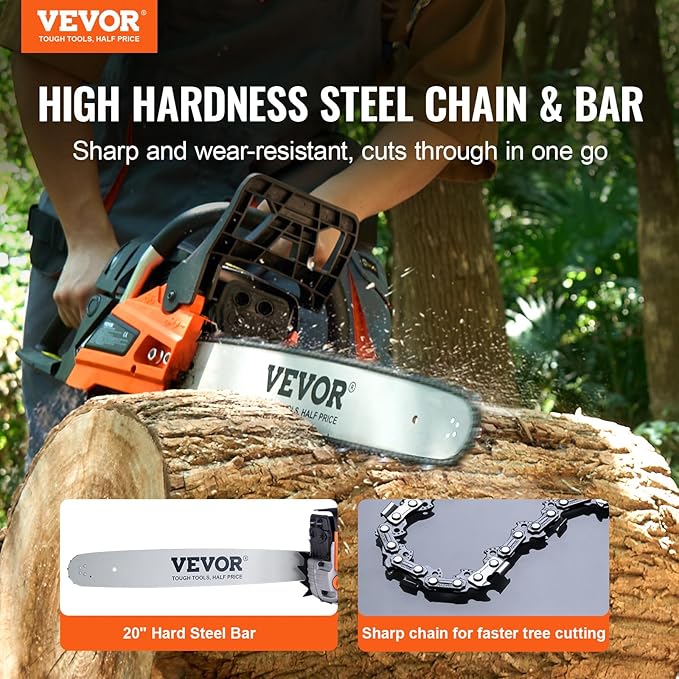VEVOR Gas Chainsaw 58CC 2-Cycle Gasoline Powered Chainsaw 20 Inch Handheld Cordless Petrol Chain Saws For Forest, Wood, Garden and Farm Cutting Use
