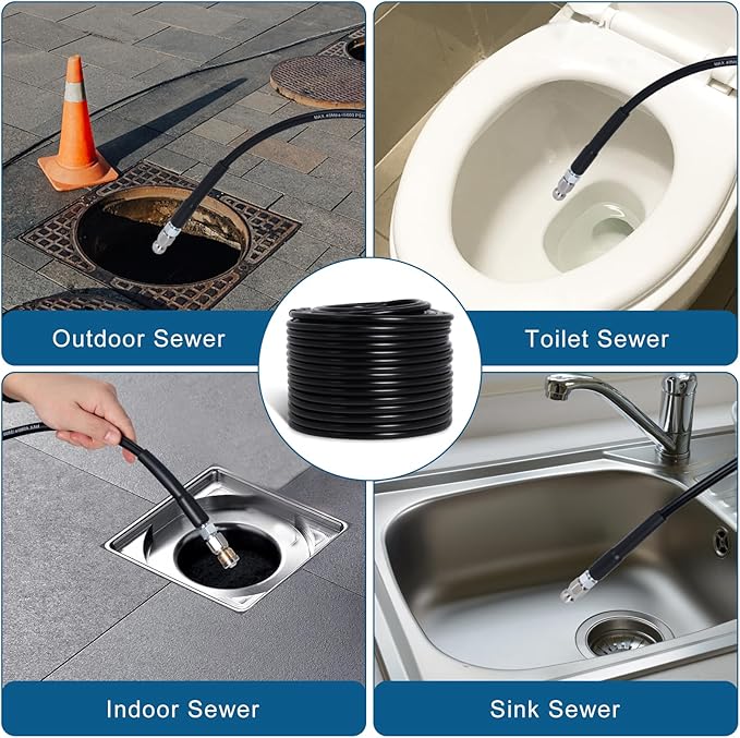 150FT Sewer Jetter Kit for Pressure Washer, 5800PSI Drain Cleaner Hose 1/4 Inch NPT Corner with 4 Sewer Jetting Nozzles,Waterproof Tape,Pearl Corsage Pin,Handle Strap & 2 Spanners (Black)