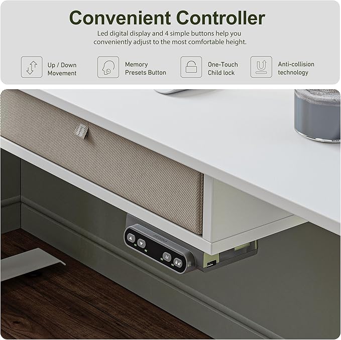 BANTI Height Adjustable Electric Standing Desk with 4 Drawers, 63 x 24 Inch Table with Storage Shelf, Sit Stand Desk, White Top