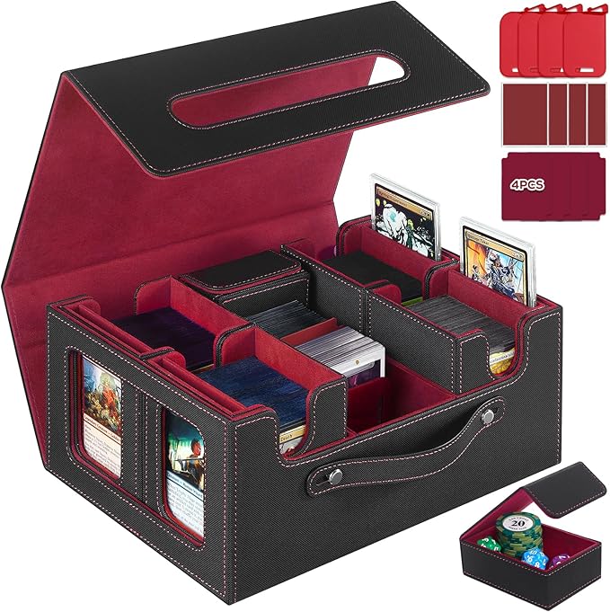 Trading Card Storage Box for MTG, card storage box with Commander Display,Multi-purpose Deck Case for MTG TCG Sports Card, 4 Toploaders, 4 Stoppers, 4 Colorful Dividers (Black & Red)