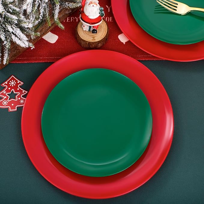 KIRE 60Pcs Plastic Plates, Premium Disposable Christmas Dinner & Dessert Plates, Modern Design, Green & Red, 30 of Each, All Seasons, 7.5inch/10.25inch, 0.1lbs, for Parties & Easter