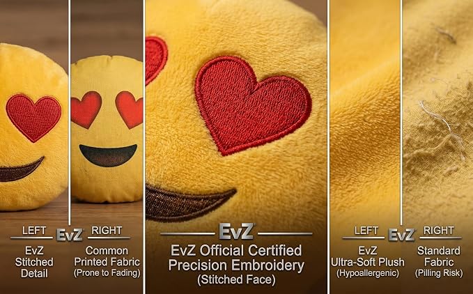 EvZ Official Certified Sinister Emoji Pillow - 32cm Large Soft Plush Smirking Face Emoticon Cushion - Funny Mischievous Decorative Stuffed Toy for Gaming Room, Office Humor (Yellow)