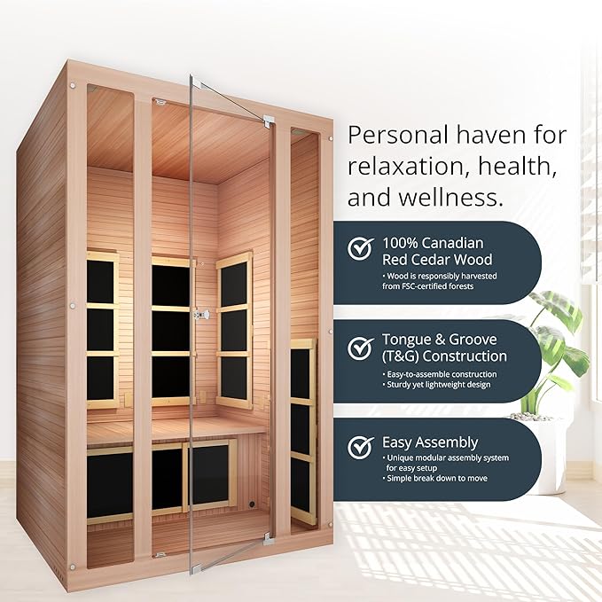 JNH Lifestyles 2-Person Ensi Cedar Home Infrared Sauna Ultra-Low EMF with Red Light Therapy – Indoor Personal Wellness Spa for House and Gym