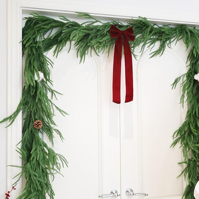 2PCS 9FT Christmas Garland Norfolk Pine Garland Real Touch Artificial Greenery Garland for Mantle Fireplace Table Indoor Outdoor Decor (Normal)