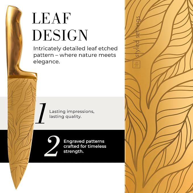 Styled Settings Gold Knives with Etched Leaves Pattern and Sharpener Block | 14-Piece Gold Titanium-Coated Blades with Beautiful Pattern, Ultra-Sharp Stainless Steel, & Stylish Kitchen Knife Block Set