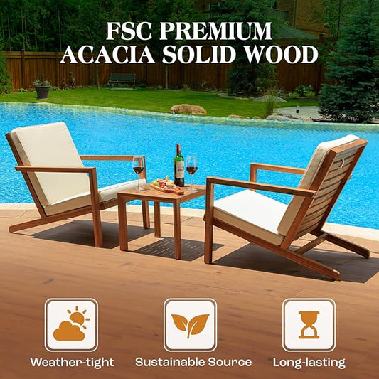 Eleve 400lbs Capacity Outdoor Set of 2 with Wooden Side Table, FSC Certified Acacia Wood Patio Furniture Set for Firepit Porch, Large, Slanted Backrest Club Chair