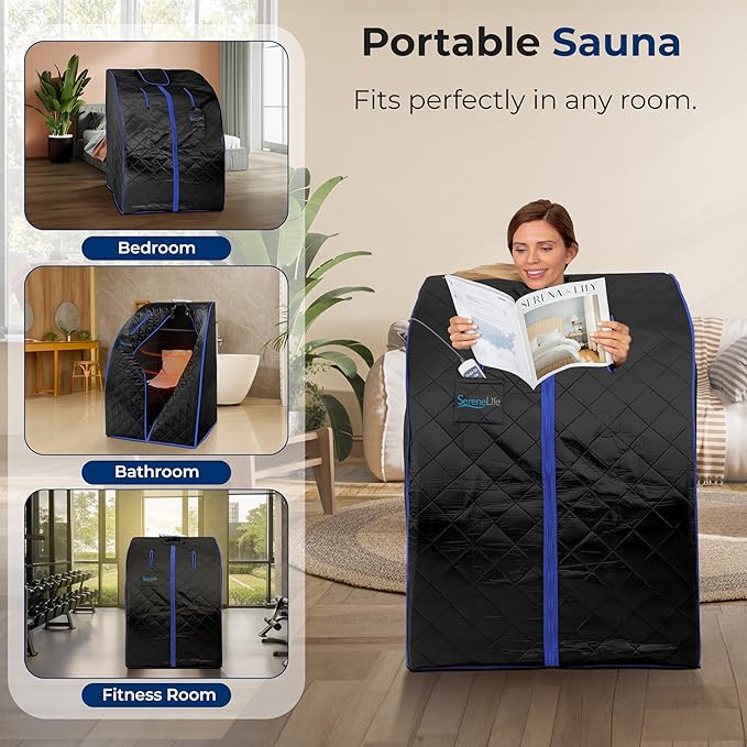 SereneLife Compact & Portable Infrared Steam Sauna, Personal Spa Style Sauna for at-Home Relaxation and Rejuvenation, Easy Access Sit-in Design, Foldable Chair, Energy Efficient, Foot Pad Heating Mat