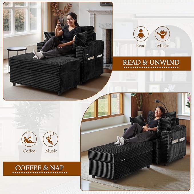 Accent Chair with Storage Ottoman Upholstered Living Room Chairs for Reading Chair with Chaise Lounge Chairs Indoor, Comfortable Armchair for Bedroom