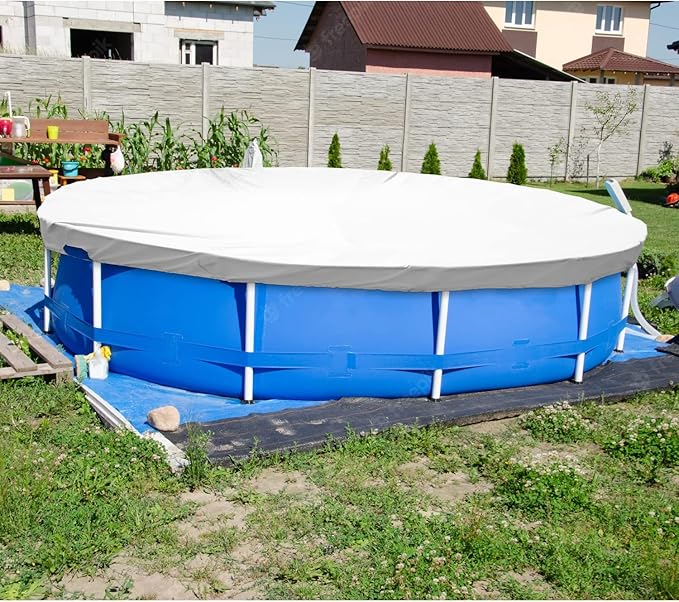 ECOOPTS 8 ft Waterproof Round Polyester Pool Cover for Above Ground Pools, Swimming Pool Cover Protector Winter Safety Cover (Light Grey)