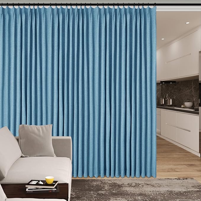 150 Inches Extra Wide Room Divider Draperies, Pinch Pleat Drapes, Absolutely Blackout Sliding Door Drapery, Total Privacy Ceiling Track Curtains, 150" W by 84" L, Blue (1 Panel)