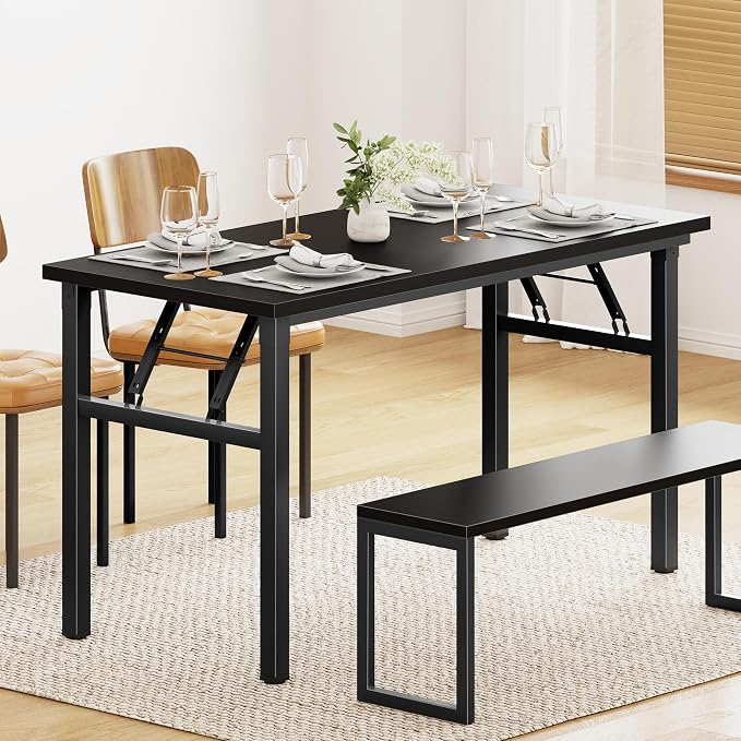 DlandHome 39.4 Inch Small Folding Computer Desk for Home Office, Black | Foldable Writing Table for Small Spaces Bedroom, No Assembly Required, Wood Top Metal Frame, Collapsible Compact Easy Storage
