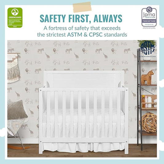 Bellport 4 in 1 Convertible Mini/Portable Crib In White, Non-Toxic Finish, Made of Sustainable New Zealand Pinewood, With 3 Mattress Height Settings