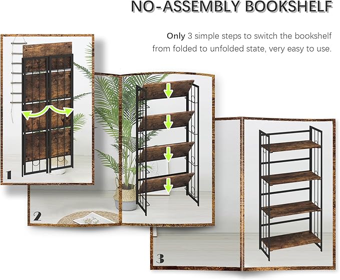 4NM No-Assembly 4 Tiers Folding Bookshelf Storage Shelves Vintage Bookcase Standing Racks Study Organizer Home Office - Rustic Brown and Black