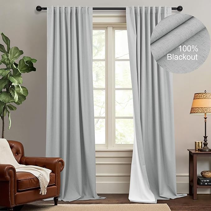 Total Blackout Curtains Full Shade 84 Inches Long Light Grey Gray Black Out Thick Linen Drapes for Living Room Thermal Insulated Bedroom Heavy Duty White Backing Back Tab Pleated 52x84 Length 2 Panel