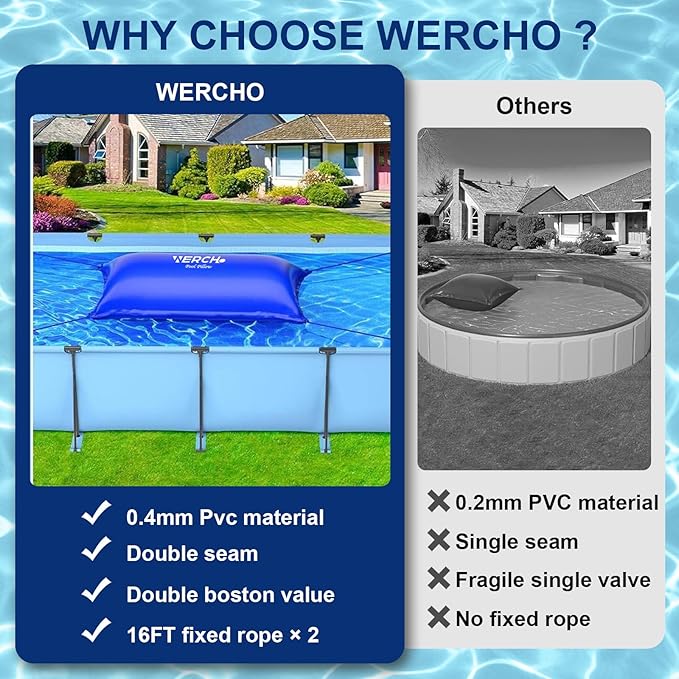Pool Pillow for Above Ground Pool, 4 x 8 FT Ultra Thick Pool Pillow with PVC Material 0.5mm Thick Cold-Resistant Winter Pool Pillow for Above Ground Pools and Winterizing (2x16ft Rope)
