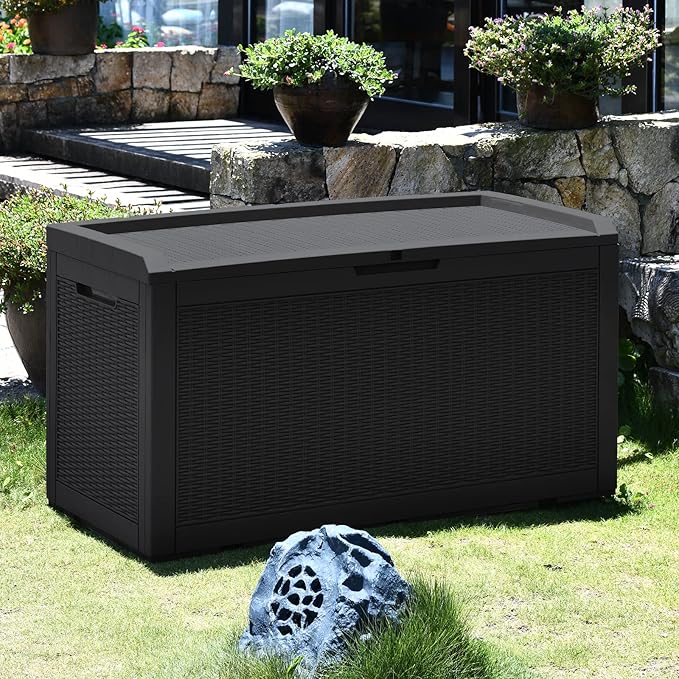 Modern-Depo 100 Gallon Polypropylene PP Deck Box Indoor Outdoor Waterproof Lockable Organization Container & Storage Bin Delivery Box with Cushion, Black
