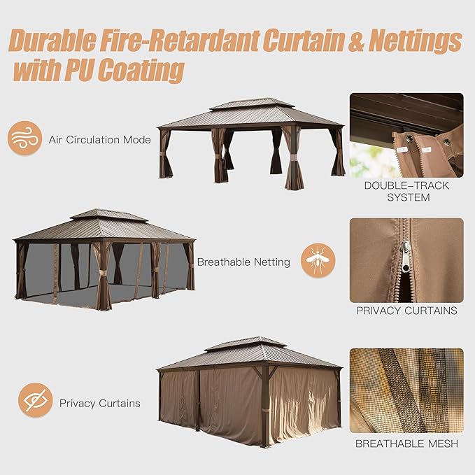 Domi 14' X 22' Hardtop Gazebo Outdoor Metal Gazebo Canopy with Galvanized Steel Double Roof, Aluminum Frame, Curtains and Netting for Patio, Deck, Garden, Brown