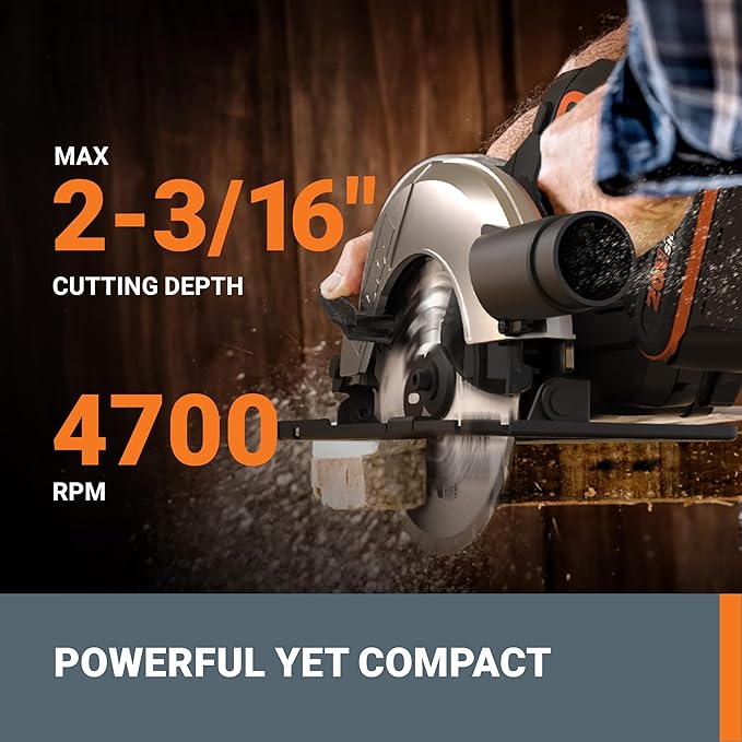 Worx 20V Cordless Electric Circular Saw 6-1/2'' Max. 2-3/16" Cutting Depth 4700 Rpm 0-50° Bevel Capacity 2.0 Ah Battery and Charger Included WX526L