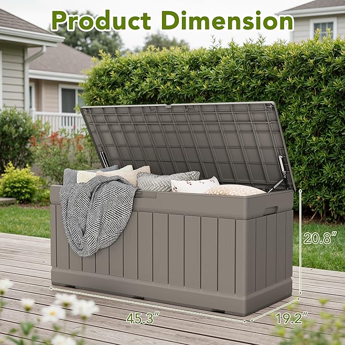 Devoko 78 Gallon Deck Box, Waterproof Resin Outdoor Storage Box for Outside and Patio, Outdoor Storage Bench Lockable for Patio Furniture, Garden Tools and Pool Supplies (Light Brown, 78 Gallon)