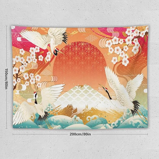 HZOHNAGO Japanese Tapestry Cherry Blossom Crane Sea Wave Fuji Mountain Red Sun Pattern Printed Wall Tapestry Painting Wall Hanging for Bedroom Living Room Dorm 80" W x 60" H