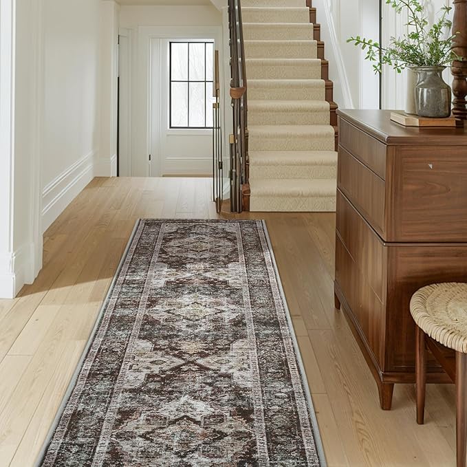 AMOAMI-2X6 Runner Rug-Washable Runners for Hallways-Soft Non Slip Bedside Rugs for Bedroom-Vintage Long Rug for Hallways Entryway Laundry Room Stair Kitchen Bathroom Brick/Brown