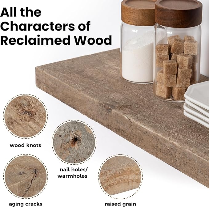 Floating Shelves | 8" Deep Rustic Reclaimed Barnwood Wall Hanging Shelves with Invisible Heavy-Duty Metal Bracket | Wall Mounted | Farmhouse Style | 36 inches, 2 PCs, Distressed Natural