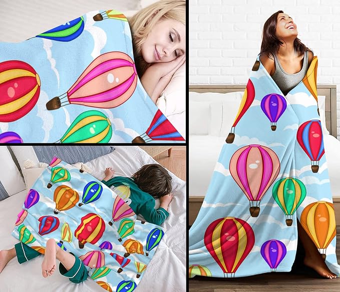 Cartoon Hot Air Balloon Kids Blanket 40x50 Inches - Plush Flannel Throw Blankets for Boys & Girls - Playful Cloud & Balloon Print - Lightweight Travel Blanket for Car Bed & Sofa