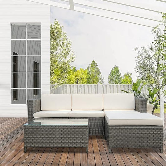 5 Piece Outdoor Patio Sectional Furniture Set, Weather Resistant Rattan Outside Couch, Waterproof Conversation Sofa for Balcony, Porch, Backyard, Deck, Garden,Beige