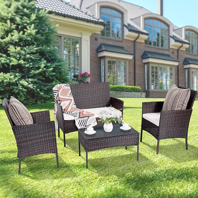 Patio Furniture Set 4 Pieces Conversation Sets Outdoor Wicker Rattan Chairs Garden Backyard Balcony Porch Poolside Loveseat with Soft Cushion and Tempered Glass Table(Brown/Beige)