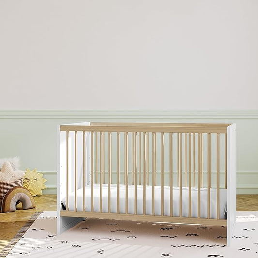 Storkcraft Calabasas 3-in-1 Convertible Crib (White with Driftwood) – GREENGUARD Gold Certified, Fits Standard Crib Mattress, Converts to Toddler Bed, Modern Style, Easy 30-Minute Assembly