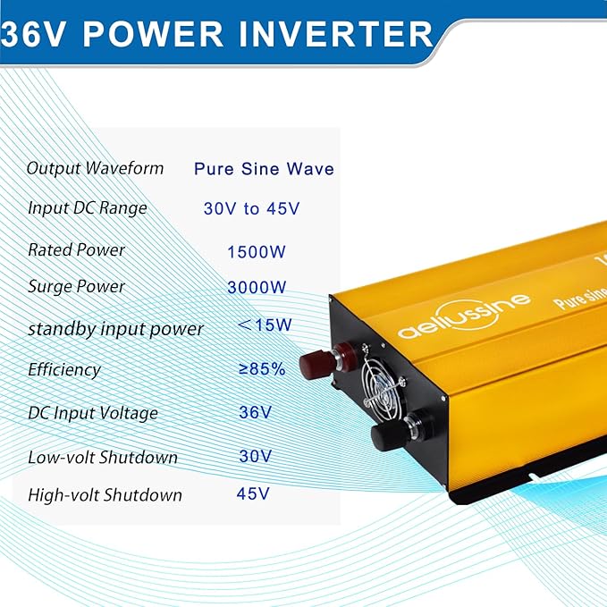 1500W Pure Sine Wave Inverter-36V DC to 110V 120V AC Power Converter with 2 AC Outlets, 36 Volt Power Inverter for Truck, Rv, Camping, Home, Emergency Power