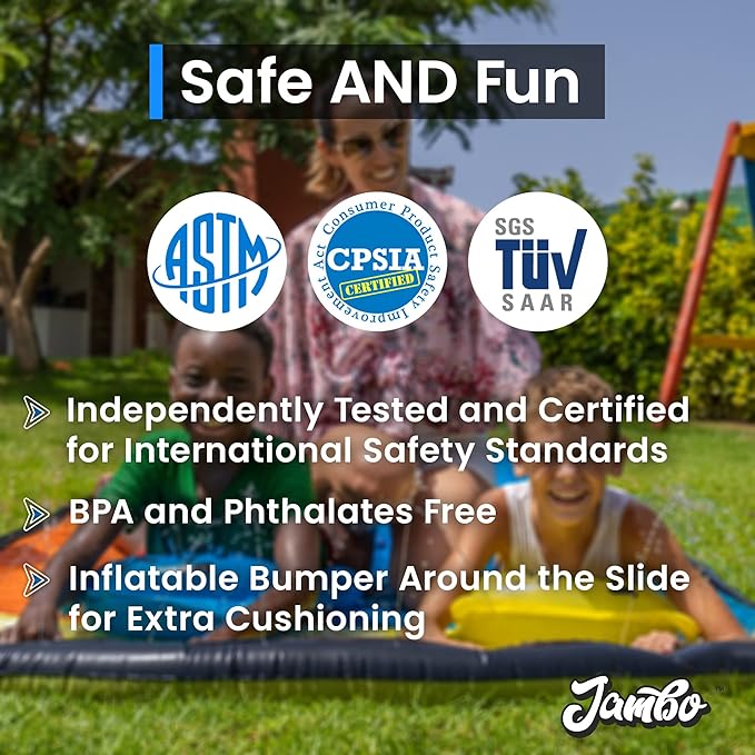 JAMBO XL Premium 20Ft Slip Splash and Slide with 2 Bodyboards, Heavy Duty Water Slide with Advanced 3-Way Water Sprinkler System, Backyard Waterslide, Splash Mat, Outdoor Water Toys n Slides for Kids