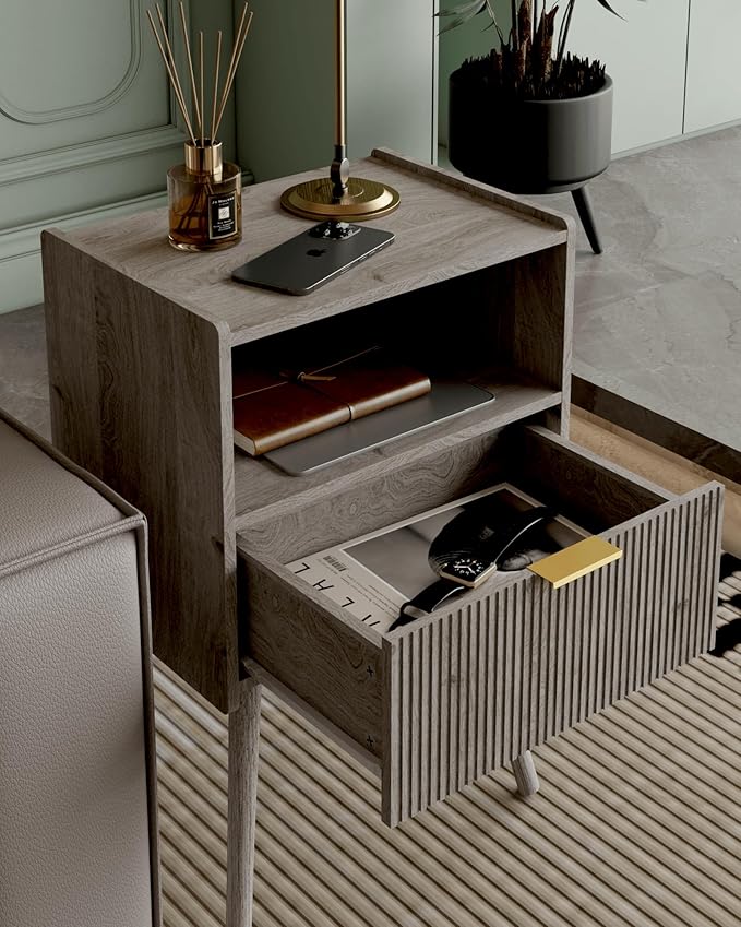Nightstand,Modern Bedside Table with Storage Drawer and Open Wood Shelf, Accent Night Stand with Solid Wood Legs for Living Room, Bedroom and Small Spaces,Easy Assembly (Grey Oak)