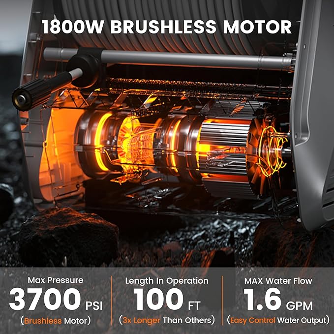 Giraffe Tools Grandfalls Retractable Pressure Washer Pro, Wall Mounted Pressure Washer with 1800W Brushless Motor, 3700PSI Electric Power Washer with 100ft Pressure Hoses, Dark Silver