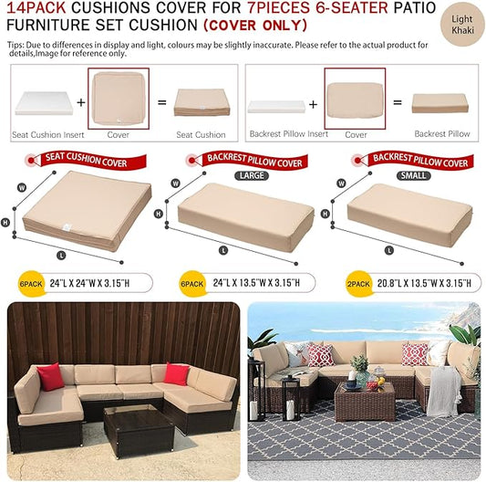 ClawsCover 14Pack Outdoor Patio Seat and Back Cushions Replacement Covers Fit for 7Pieces 6-Seater Wicker Rattan Sectional Couch Chair Furniture Set,Light Khaki-Include Cover Only (Small)