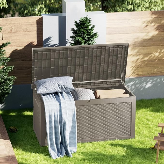 320 Gallon Lockable Resin Deck Box, Waterproof & UV-Resistant Outdoor Storage Box for Outdoor Cushion Storage, Garden Tools & Pool Accessories Storage, Gray