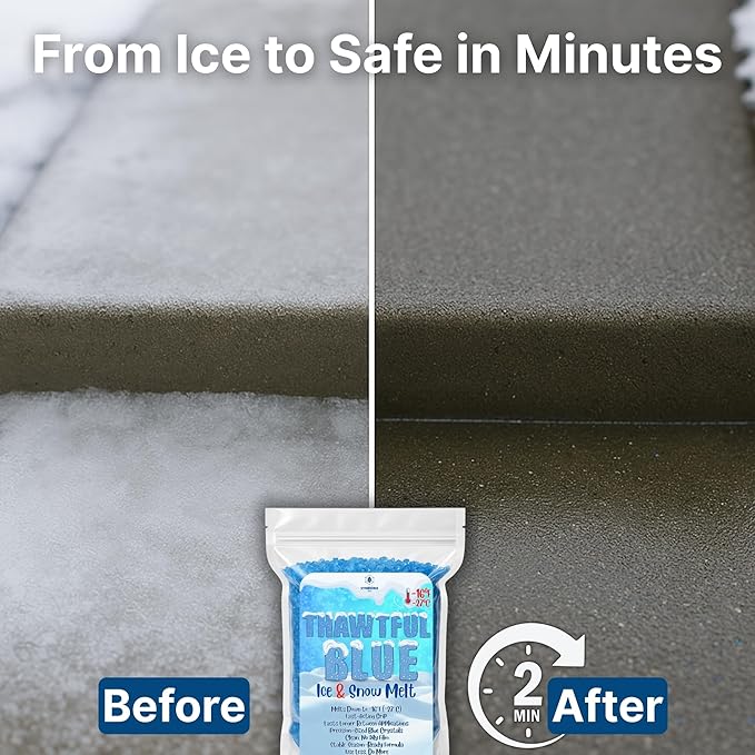 Thawtful Blue Ice & Snow Melt – Snow Melt, Rock Salt, Driveway & Sidewalk Salt for Ice, Blue Granular Rock Salt, Melts to −16°F (−27°C) – Resealable Zip Bag (20 QUARTS - 42.6 lb.)