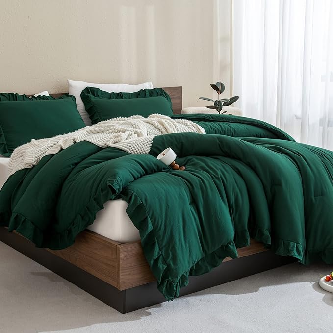 Andency California King Comforter Set Dark Green (104x96Inch), 3 Pieces Cal King Ruffle Comforter, Oversized Farmhouse Shabby Chic Bed Comforter, Lighteweight and Soft Microfiber Bedding Set