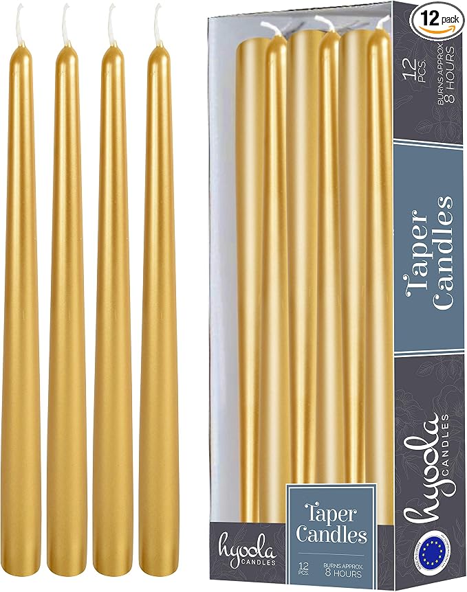 Hyoola Tall Taper Candles - 10 Inch Metallic Gold Dripless, Unscented Dinner Candle - Paraffin Wax with Cotton Wicks - 8 Hour Burn Time (Pack of 12)