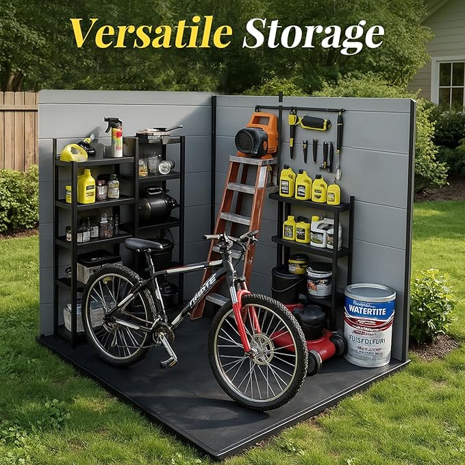 8x4ft Lean to Shed, Resin Outdoor Storage Shed with Floor and 2 Windows, Plastic Sheds & Outdoor Storage Clearance for Patio Furniture, Garden Tools Bike Accessories, Beach Chairs, Black+Grey