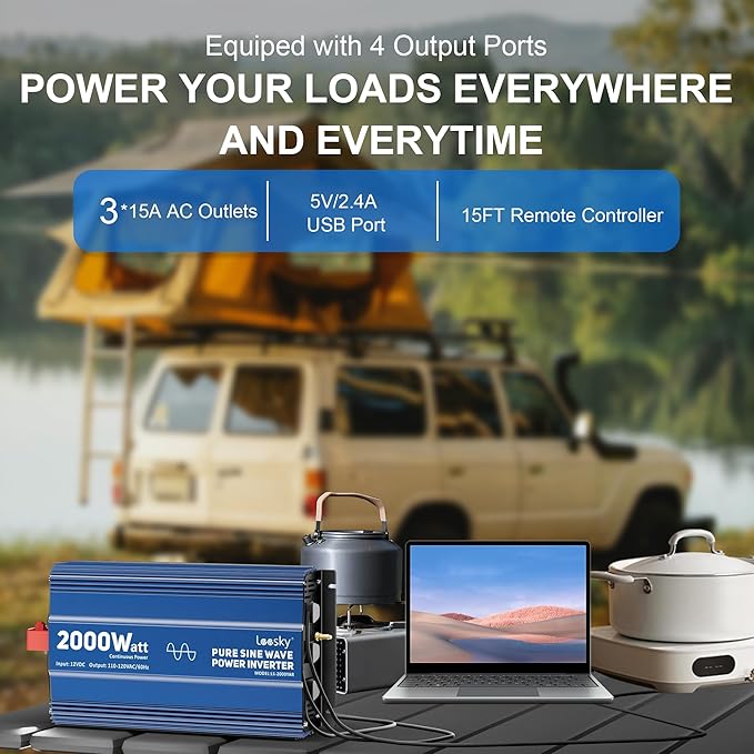 2000 Watt Pure Sine Wave Inverter, 12V DC to 120V AC Converter for RV Truck Off-Grid Solar Home Power Inverter with 3 AC Outlet, 5V 2.4A USB, Remote Control Compatible with Lithium Battery by LEESKY