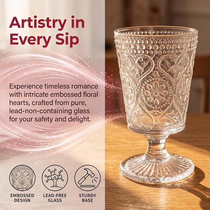 ZAVOOS Set of 6 Clear Glass Goblet, 12 Oz Vintage Romantic Wine Glasses | Embossed Floral Glass Cups Set, Bar Tumbler Drinking Glassware for Iced Tea, Wine, Beer, Juice, Cocktail, Whiskey