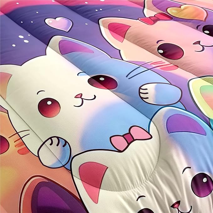 Rainbow Cat Comforter Queen Size - Rainbow Cat Bedding for Girls Room Cute Cartoon Rainbow Bedding Queen Comforter Sets for Kids, 1 Comforter+2 Pillowcases