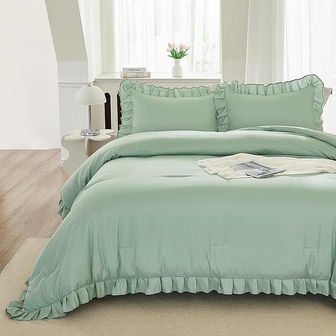 Andency Queen Size Comforter Set, Sage Green Ruffle Bedding Set, 3 Pieces Boho Comforter for Queen Bed, Farmhouse Ruffle Bed Comforter Set, Lightweight and Soft Bedding Comforter for All Seasons