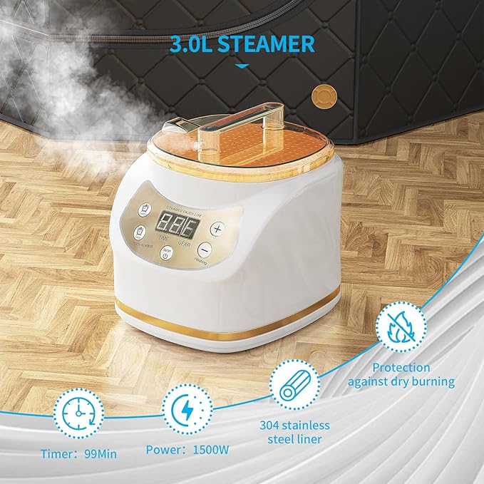 Home Steam Sauna Box, Portable Sauna for Home, Steam Sauna Tnet Full Size Single Person Sauna with 3.0L&1500W Steamer, Remote Control, Foldable Chair & RGB LED Light (Black)