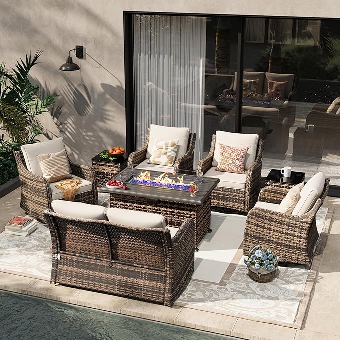 MEISSALIVVE 8 Pieces Patio Furniture Set with 43" Fire Pit Table, Wicker Patio Conversation Set with Swivel Rocking Chairs, Outdoor Patio Set for Lawn Backyard Porch (Brown)