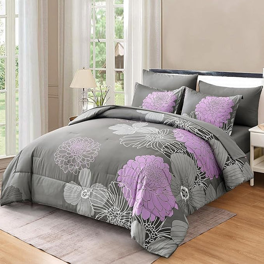 Yiran King Size Comforter Set Grey Purple Comforter Floral Bedding Comforter Set 7 Pieces Soft Microfiber Bed Set for All Seasons 103"×90"