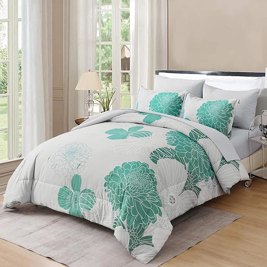 Yiran Grey Aqua Floral Queen Comforter Set Bed in a Bag Soft Microfiber Comforter Bedding Set 90"×90",7 Pieces (1 Comforter,2 Pillowcases,2 Pillow Shams,1 Flat Sheet,1 Fitted Sheet)