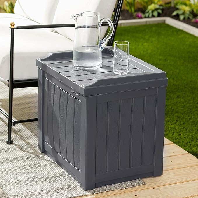 Suncast Small Deck Box Storage w/ Bench Seat for Indoor & Outdoor Use, 22 Gal., Cyberspace